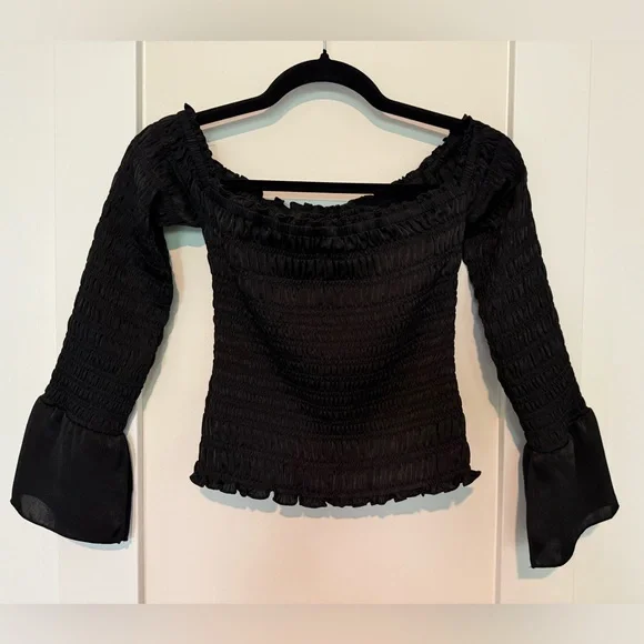 FRAME Smocked Off Shoulder Top in Black Size XS - Picture 6 of 16